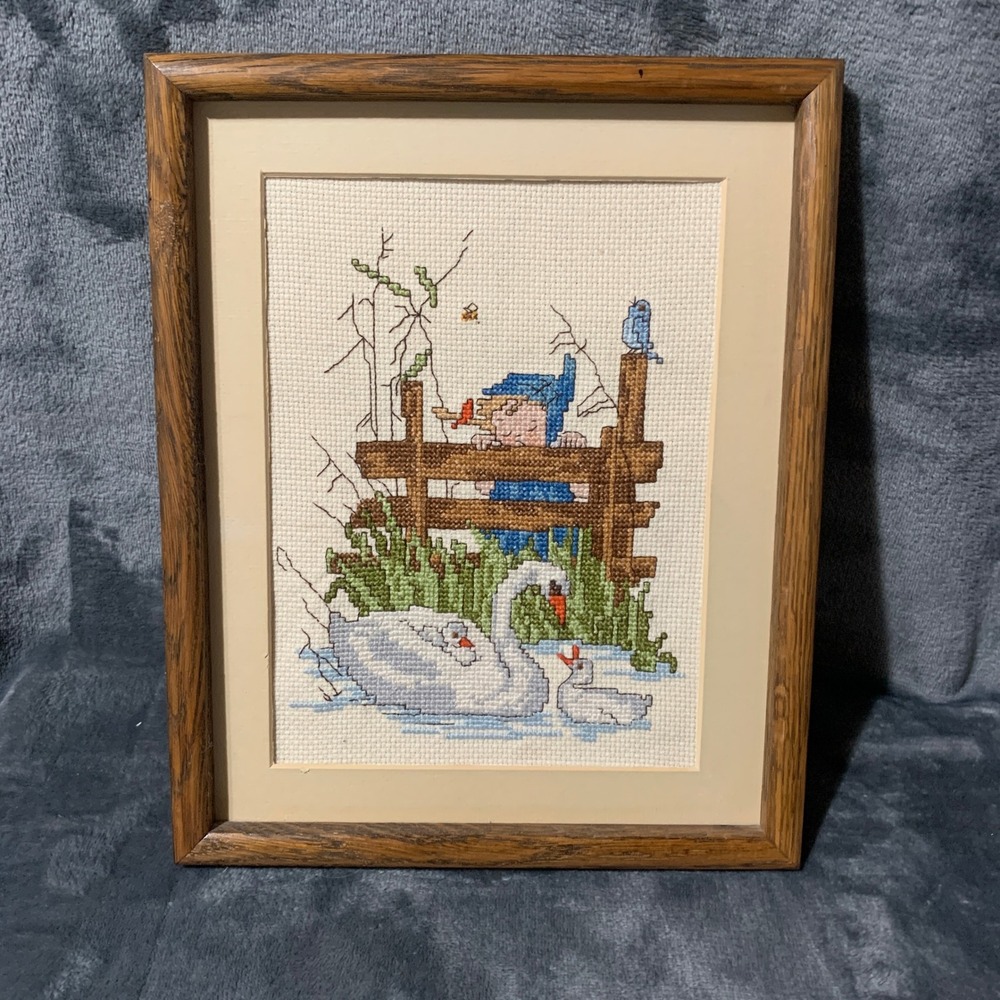 Needlepoint Art Framed Girl Swans Blue Brown Cottagecore Vintage